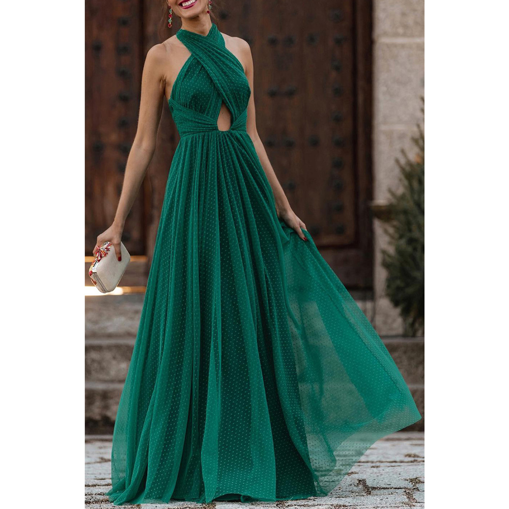 Green Polka Dot Criss Cross Halter Neck Prom Dress